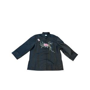 Black Floral Embroidered Mandarin Collar Jacket